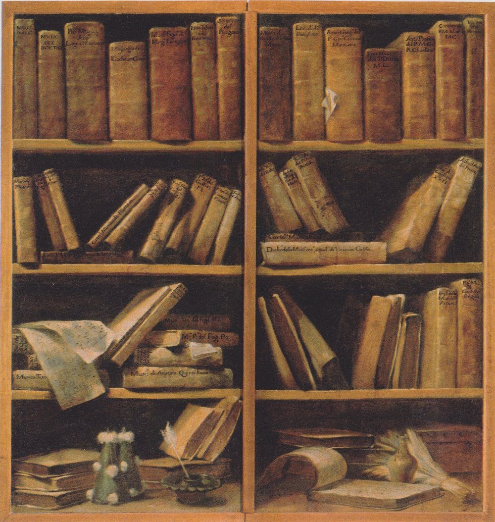 Painting by Crespi: shelves full of old books, stacked and untidy