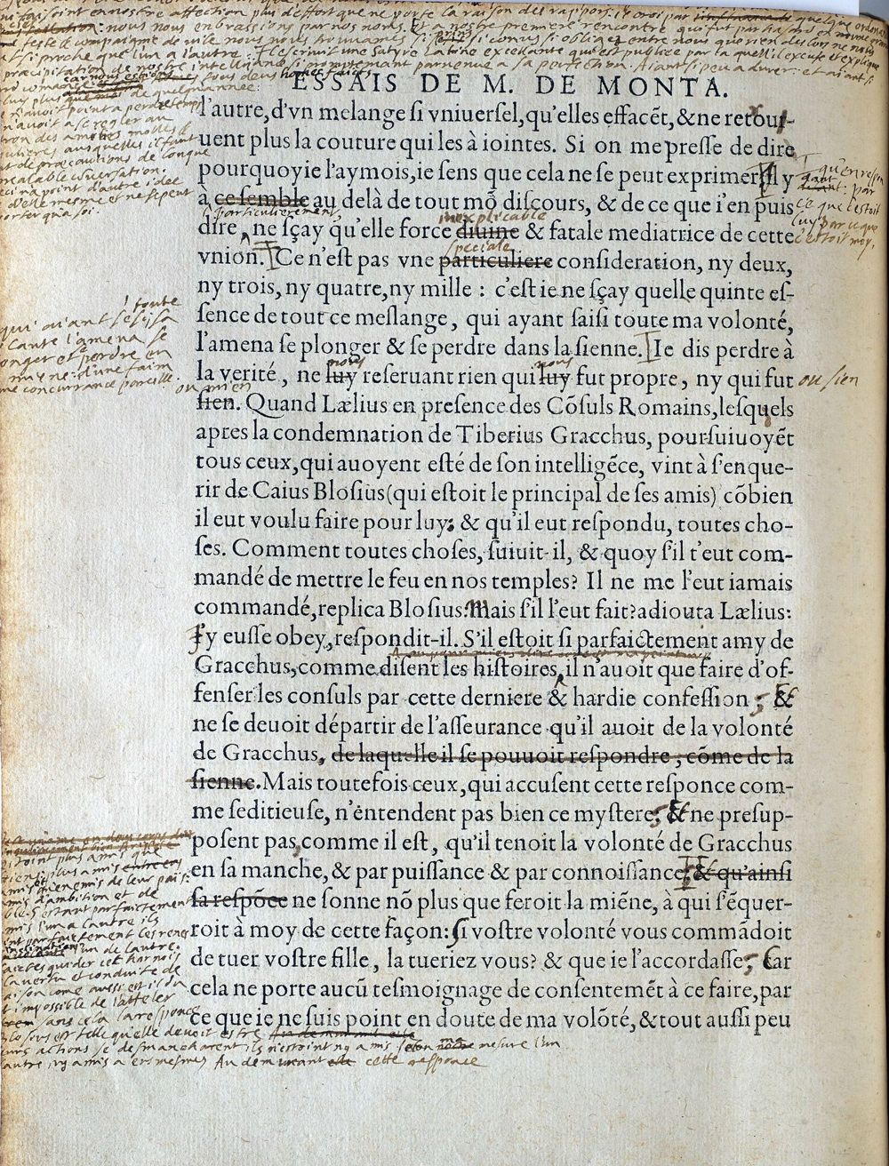 A page of Montaigne's Essays with his handwritten corrections and notes in the margins
